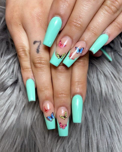 Turquoise Nails Butterflies For Women