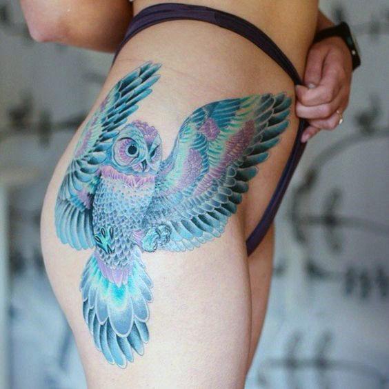 Turquoise Owl Tattoo Womens Thighs