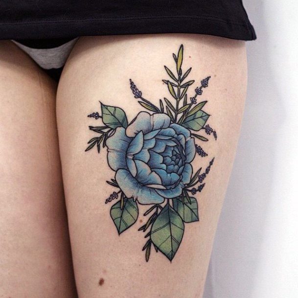 Turquoise Rose With Leaves Womens Thigh Tattoo