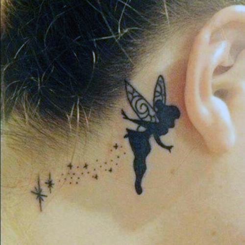 Twinkling Stars And Dainty Fairy Womens Tattoo On Neck