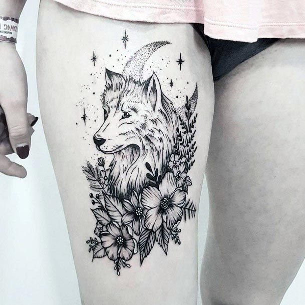 Twinkling Wolf And Flowers Tattoo Womens Thighs