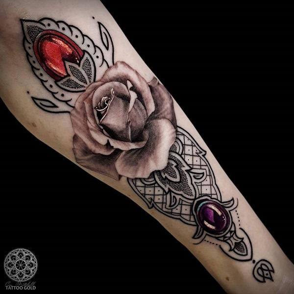 Two Colored Gem And Rose Tattoo Womens Forearms