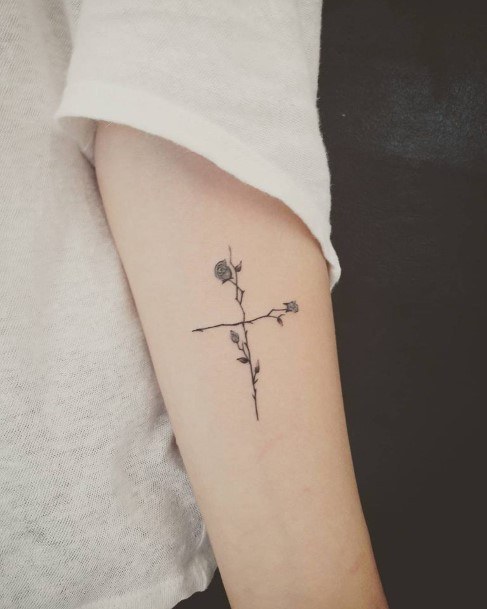 Two Crossed Rose Stalks Tattoo Womens Arms