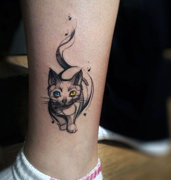 Two Eyed Cat Tattoo For Women Ankles
