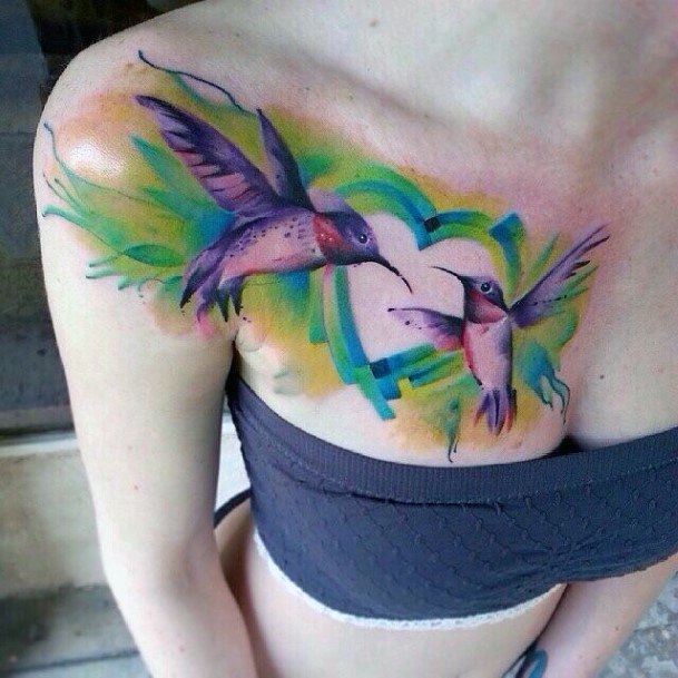 Two Lavendar Birds And Leaves Modern Tattoo Womens Chest