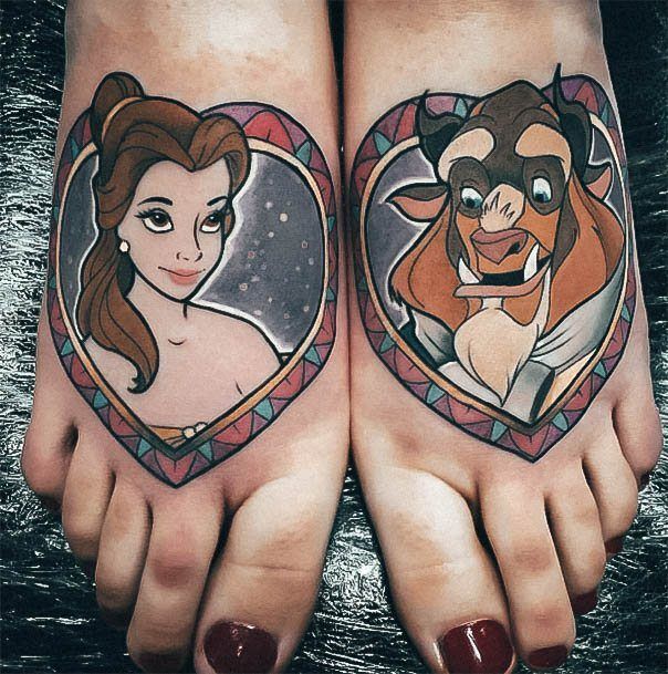 Two Portraits Top Of Foot Feminine Beauty And The Beast Tattoo Designs For Women