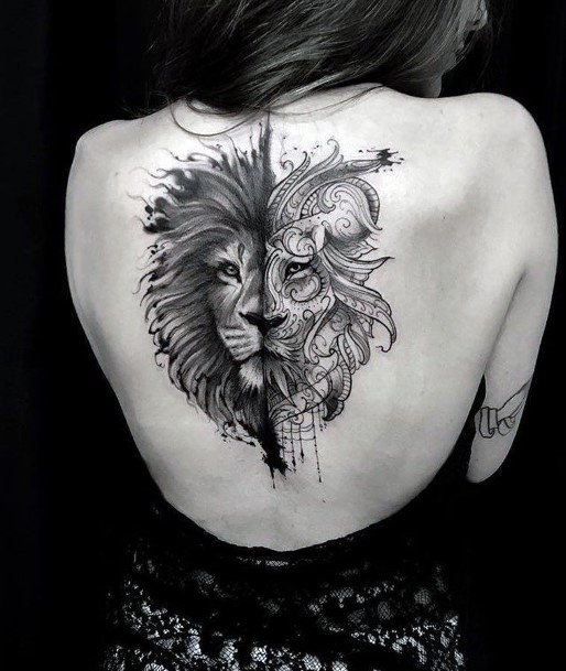 Two Sided Lion Tattoo Womens Back