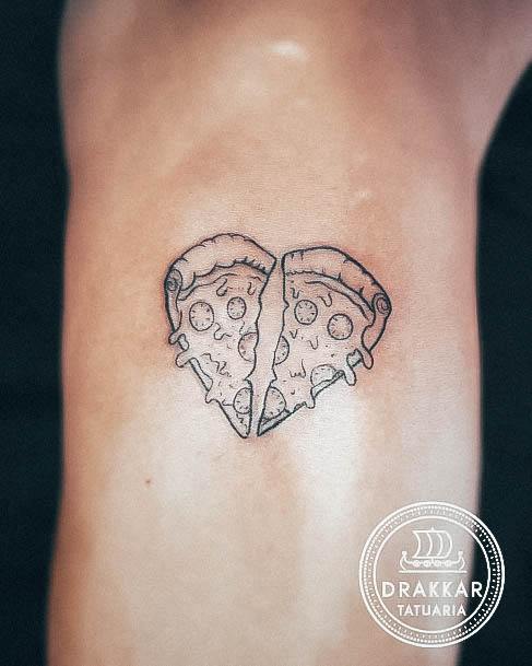 Two Slices Heart Arm Colorful Womens Pizza Tattoo Design Ideas