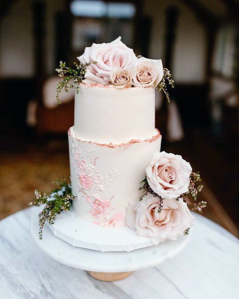 Two Tiered Wedding Cake Blush Flowers Cream