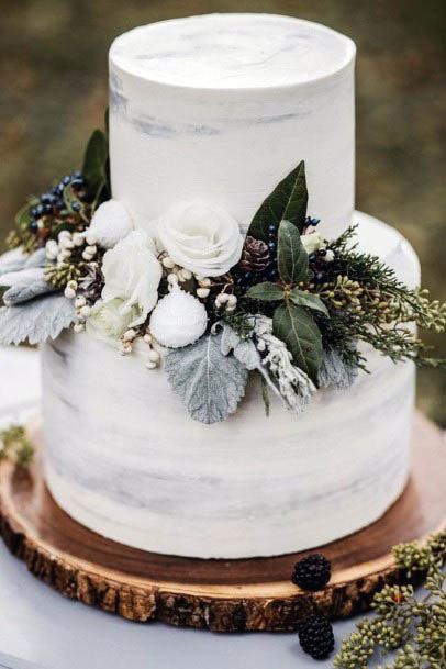 Two Tiered White Cake Winter Wedding Flowers