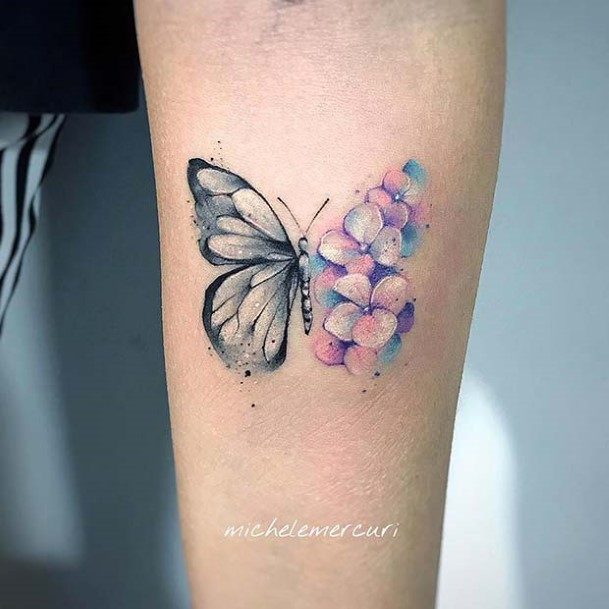 Two Toned Butterfly Tattoo For Women On Arms