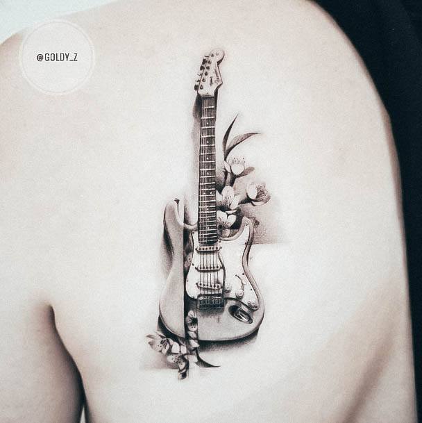 Ultra Realistic 3d Back Womens Guitar Tattoo Design Ideas