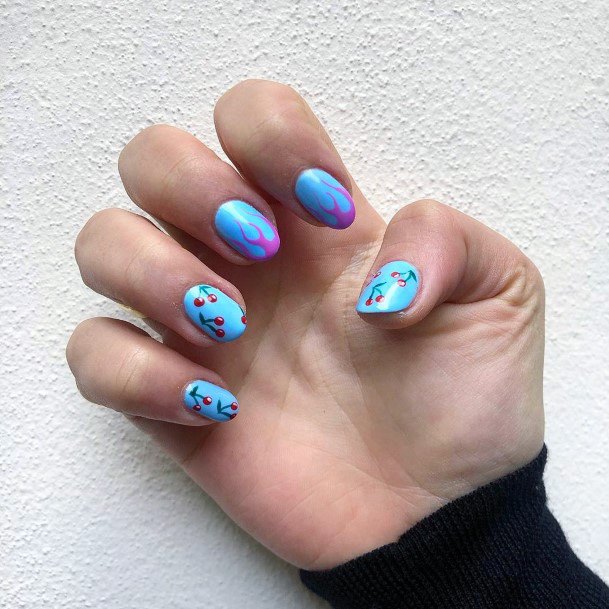 Ultramarine Blue Nails With Cherry Art For Women