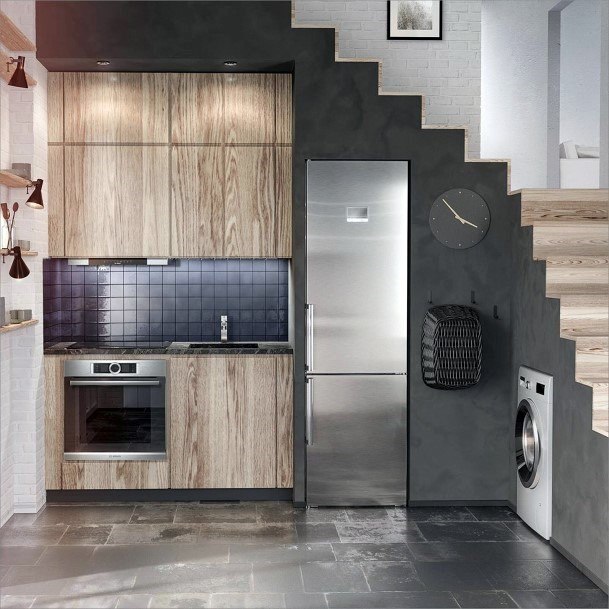Under Stairs Wood And Grey Small Kitchen Ideas