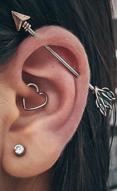 Unique And Angelic Arrow Industrial Bar Cute Daith Heart Ring And Shiny Lobe Ear Piercing Ideas For Women