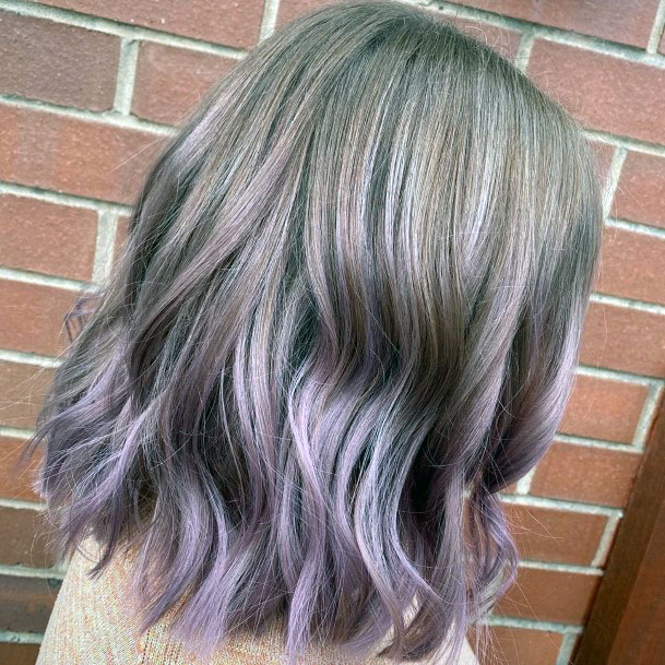 Unique Ashy Rooted Violet Highlighted Shoulder Length Wavy Womens Hairstyle