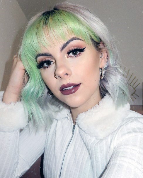 Unique Female With Platinum Blonde And Green Colored Fringe Hairstyle Ideas For Women And Girls