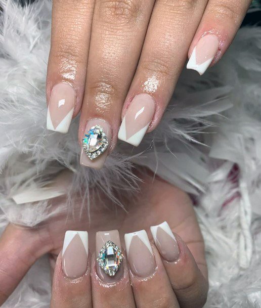 Unique French Manicure With Diamonds Women