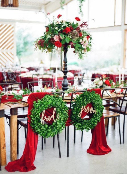 Unique Green Red Winter Mr Mrs Wedding Table Seat Decorations
