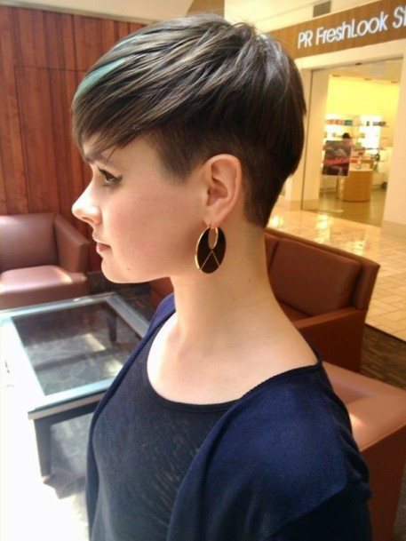 Unique Long Layered Dark Brown Blue Highlights Pixie Womens Hairstyle