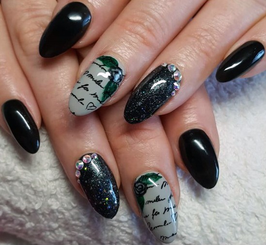 Unique Love Letter Black Sparkly Nails Design Pretty Pearl Ideas For Ladies