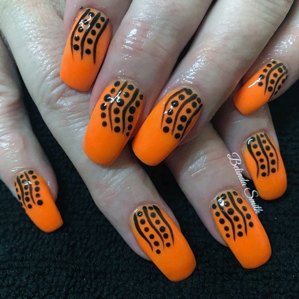 Unique Orange And Cool Black Nail Design For Ladies