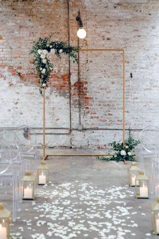 Unique Rustic Brick Gold Frame Arch Wedding Backdrop White Pedal Aisle Runner Ideas