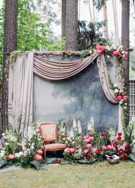 Unique Stylish Grey Valance Drape Gorgeous Pink Red Floral Greenery Wedding Backdrop Ideas