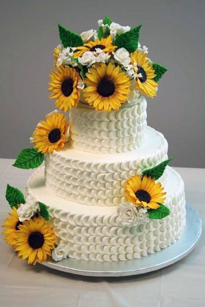 Unique Textured White Wedding Cake Women Sunflowers Art