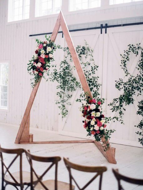 Unique Wooden Pointed Arbor Red White Greenery Floral Decoration Elegant White Barn Door Wedding Ideas