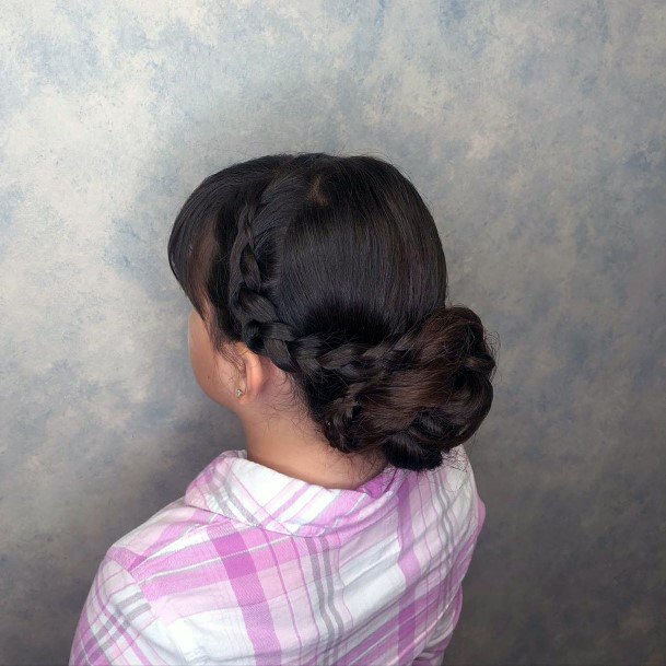 Updo Chocolate Hair With Braided Crown Into Bun With Bangs