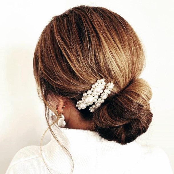 Updo Light Brown Hair Updo Low Bun With Pearl Barrettes