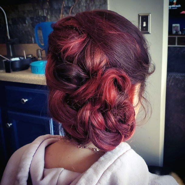 Updo On Black Hair With Raspberry Highlights Thick Pinned Curls