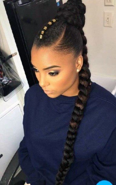 Updo With Golden Beads Braided Long Ponytail For Black Women