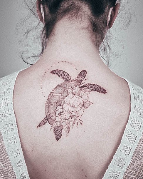 Upper Back Spine Minimalistic Womens Turtle Tattoo Designs