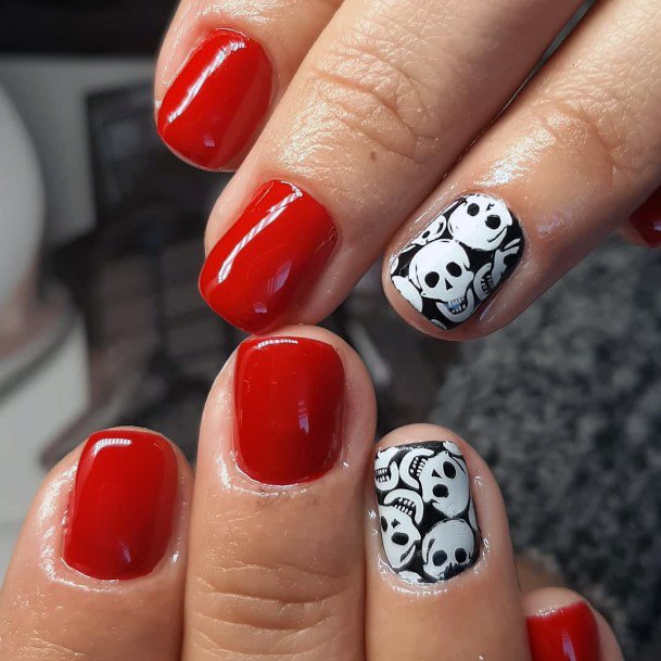 Vermilion Red Nails With Skull Stickers On Nails For Women