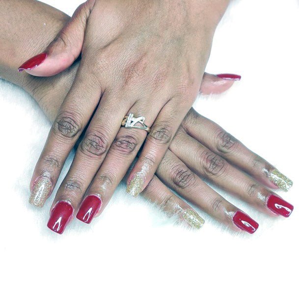 Vermillion Red And Gold Nails Women