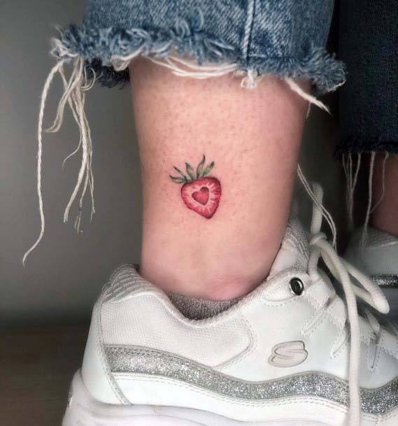 Vertical Sliced Strawberry Tattoo Womens Ankle