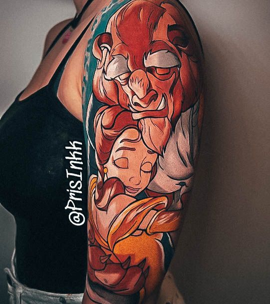 Vibrant Beautiful Upper Arm Beauty And The Beast Tattoo Design Ideas For Women
