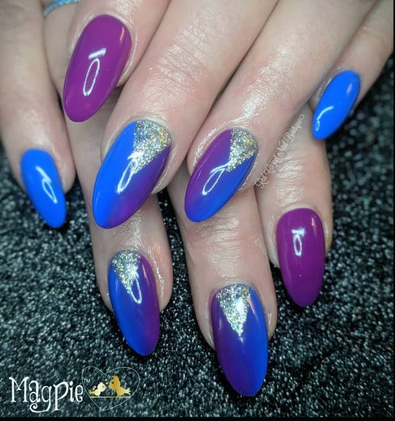 Vibrant Bright Blue And Purple Nails Glittery Gold Cutical Triangle Design For Women