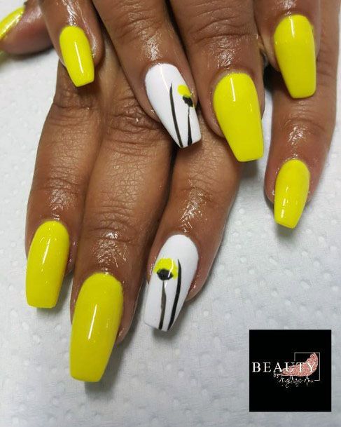 Vibrant Bright Lovely Ballerina Yellow And White Floral Nails For Girls