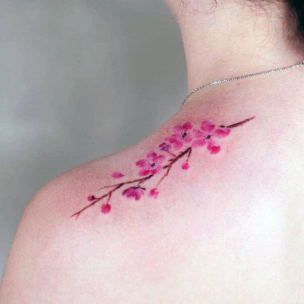 Vibrant Cheryr Blossom Tattoo Womens Shoulder