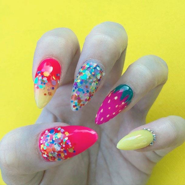 Vibrant Cute Yellow Pink Strawberry Nail Design Inspiration For Girls