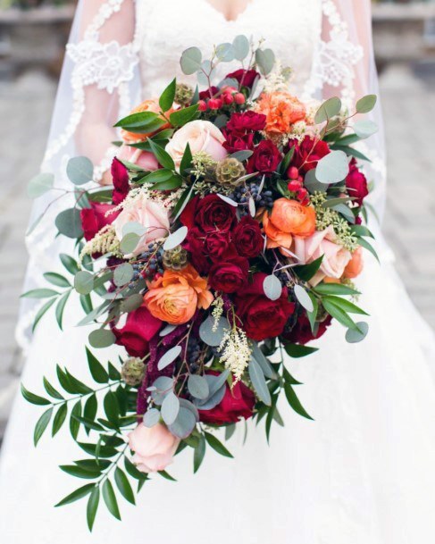 Vibrant Gorgeous Greenery Orange Red White Floral Bouquet October Wedding For Bride