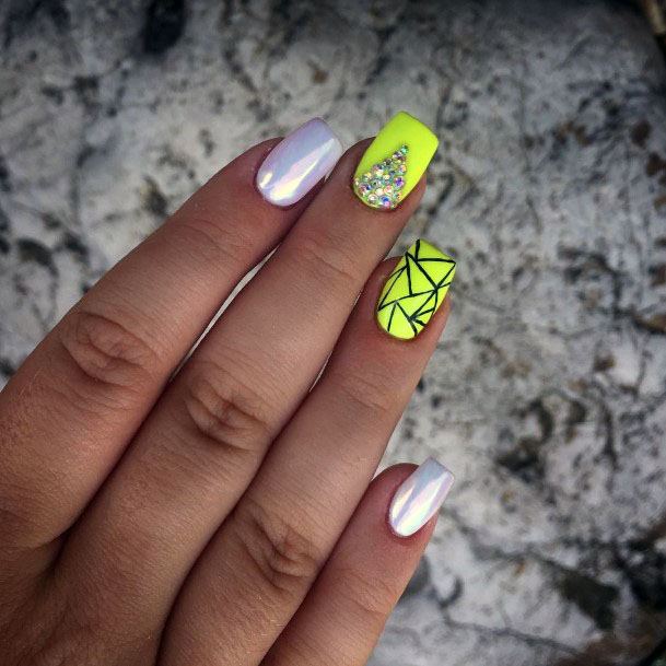 Vibrant Neon Yellow Shiny Whitetriangle Design For Ladies Nails