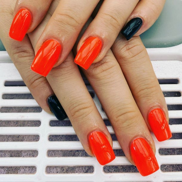 Vibrant Orange And Black Glossy Nail Inspiration Ideas For Women