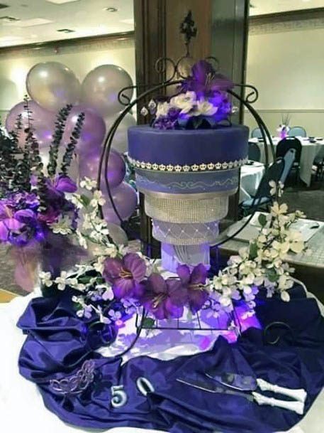 Vibrant Purple Wedding Decor Upside Down Cake Table Inspiration