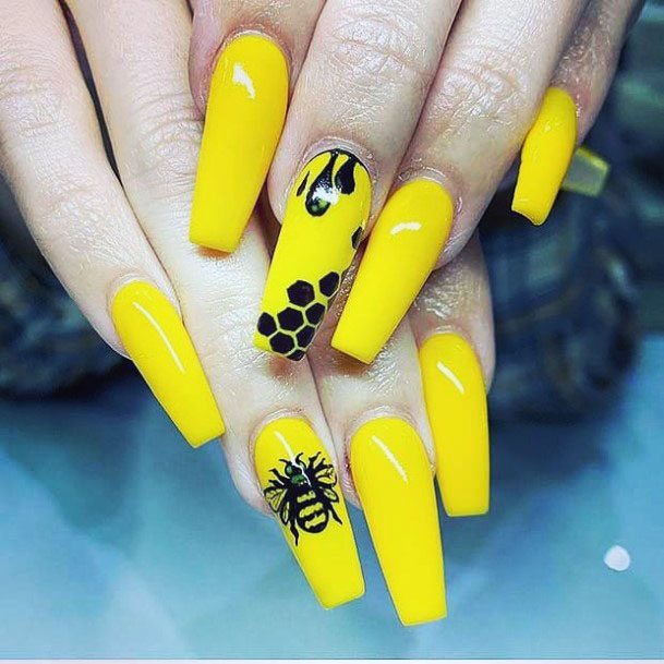 Vibrant Yellow Colored Nails With Bee Women