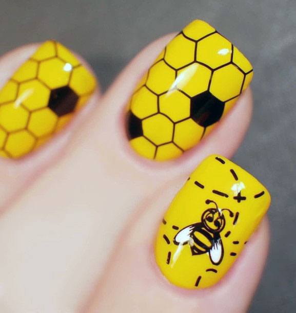 Vibrant Yellow Nails With Hive Design And Bee For Women