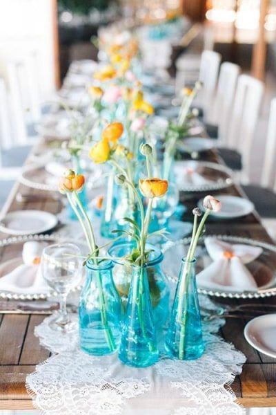 Vintage Blue Glass Vases With Yellow Flowers Wedding Centerpiece Ideas